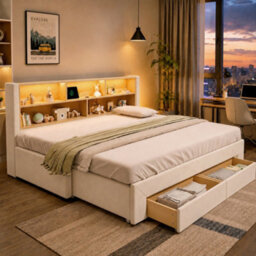 Modernluxe 3Ft Single Bed, 90 X 190 Cm, Trundle Bed Extends To 180 Cm, With Led & Charging Headboard & Drawers, Beige, Velvet - thumbnail 1