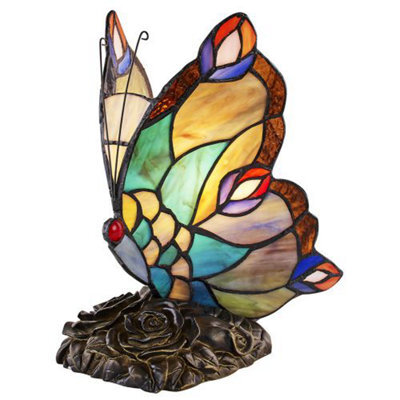 Happy Homewares Beautiful Handmade Multi-Coloured Glass Butterfly Tiffany Lamp With Bronze Base - image 1