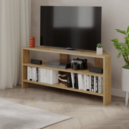 "Decortie Thales Corner Tv Stand For 32"" Tvs With Open Shelves & Soft Rounded Edge 110Cm Modern Multimedia Console, Oak" - thumbnail 9