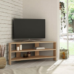 "Decortie Thales Corner Tv Stand For 32"" Tvs With Open Shelves & Soft Rounded Edge 110Cm Modern Multimedia Console, Oak"
