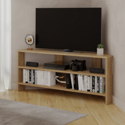 "Decortie Thales Corner Tv Stand For 32"" Tvs With Open Shelves & Soft Rounded Edge 110Cm Modern Multimedia Console, Oak" - thumbnail 6