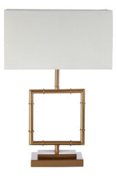 Orsina Gold Finish Modern Table Lamp With White Linen Shade, Contemporary Square Body Table Light For Living Room
