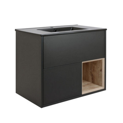 Homestylestore Black Grey 812mm Wall Hung Bathroom Vanity Unit Led Lit Open Shelf And Graphite Basin - image 1