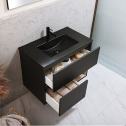 Homestylestore Black Grey 812mm Wall Hung Bathroom Vanity Unit Led Lit Open Shelf And Graphite Basin - thumbnail 2