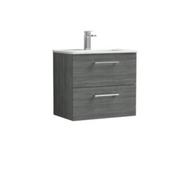 Balterley  Contemporary Bathroom 2 Soft Close Drawer & Minimalist Wall Hung Vanity Unit Basin, Anthracite Woodgrain, 600mm - thumbnail 1