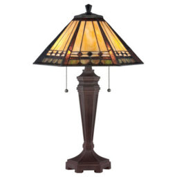 Elegant Tiffany Style 2 Bulb Table Lamp With Coloured Glass And Bronze Patina Base