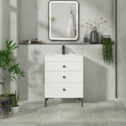Royal Bathrooms Royal Bathroom Verona 600mm Gloss White 3-Drawer Floor Standing Bathroom Vanity Unit With Ceramic Basin & Matt Black Knob - thumbnail 4