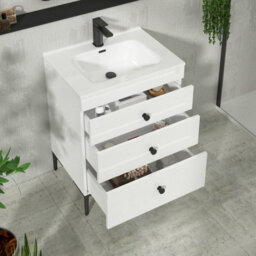 Royal Bathrooms Royal Bathroom Verona 600mm Gloss White 3-Drawer Floor Standing Bathroom Vanity Unit With Ceramic Basin & Matt Black Knob - thumbnail 5