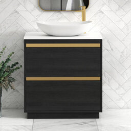 Royal Bathrooms Orion 800mm Hale Black Floor Standing Plain White Countertop Vanity Unit 2 Drawer With Cesar Basin & Brushed Brass Accent Trim