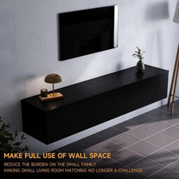 Black 160Cm Wall Mounted Floating Tv Cabinet Unit With Storage Shelves Wooden Tv Stand - thumbnail 4