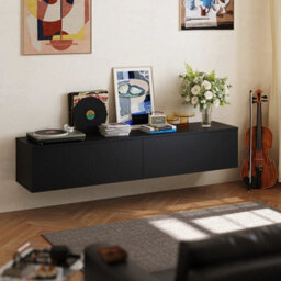 Black 160Cm Wall Mounted Floating Tv Cabinet Unit With Storage Shelves Wooden Tv Stand - thumbnail 3