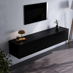 Black 160Cm Wall Mounted Floating Tv Cabinet Unit With Storage Shelves Wooden Tv Stand - thumbnail 1