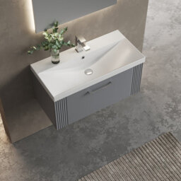 Balterley Belvide Partial Fluted 1 Drawer Wall Hung Vanity Unit With 1 Tap Hole Thin-Edge Basin- 800mm - Satin Grey - thumbnail 5