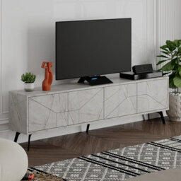 "Decortie Dune Modern Tv Unit Multimedia Centre With Storage Stylish Tv Cabinet 65"" Tvs Gold Marble Effect 180Cm"