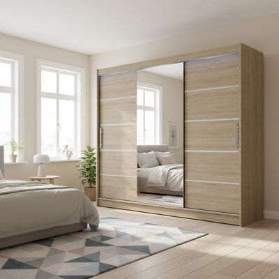 Aston Vi Sonoma Oak Sliding Door Wardrobe Modern Design With Mirror Shelves And Hanging Rails With Led Lighting - image 1