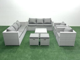 Fimous Outdoor Rattan Sofa Garden Furniture Set 2 Armchairs Square Coffee Table 2 Small Stools Light Grey - thumbnail 2
