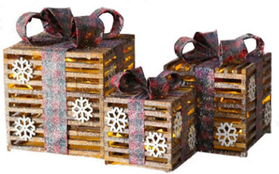 Netagon Set Of 3 Under Christmas Tree Festive Battery Operated Led Light Up Presents Gift Boxes- Red Glitter Tartan - image 1