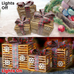 Netagon Set Of 3 Under Christmas Tree Festive Battery Operated Led Light Up Presents Gift Boxes- Red Glitter Tartan - thumbnail 4