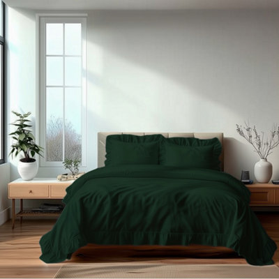 Duvet Cover And Pillowcase Set On Trend Frilled Design Polycotton Linen Green - image 1