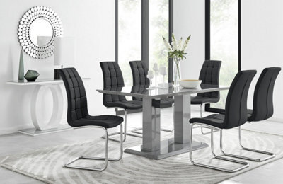 Furniturebox Imperia Grey High Gloss 6 Seater Dining Table With Structural 2 Plinth Column Legs 6 Black Padded Faux Leather Murano Chairs - image 1