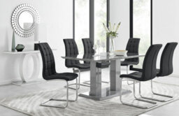 Furniturebox Imperia Grey High Gloss 6 Seater Dining Table With Structural 2 Plinth Column Legs 6 Black Padded Faux Leather Murano Chairs - thumbnail 1