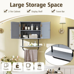 Costway Bathroom Wall Cabinet Wall-Mounted Medicine Cabinet With Towel Bar-Grey - thumbnail 3