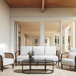 Wyld And Coco 3-Seater Garden Sofa Set, Black Aluminium Frame, Off-White Cushions With Coffee Table - thumbnail 2