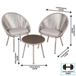 Dellonda Como 3 Piece Steel Bistro Set With Tempered Glass Top, Grey - Dg55 - thumbnail 5
