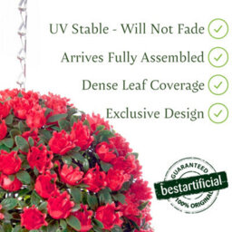 Best Artificial 23Cm Red Rose Hanging Basket Flower Topiary Ball - Suitable For Outdoor Use - Weather & Fade Resistant - thumbnail 2