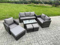 Fimous 9 Seater High Back Rattan Garden Furniture Set With Coffee Table 3 Footstools Indoor Outdoor Patio Lounge Sofa Set - thumbnail 1