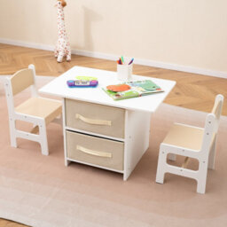 Costway Kids Table And Chair Set Toddler Wooden Activity Table & 2 Chairs-Beige