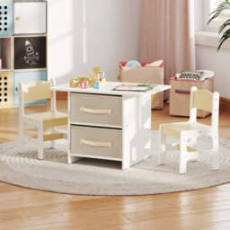 Costway Kids Table And Chair Set Toddler Wooden Activity Table & 2 Chairs-Beige - thumbnail 3