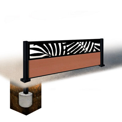 Easycomposite 2Ft Composite Fence Panel & Aluminium Post Sunken In Ground - Teak Boards & Leafy Topper Trellis - image 1