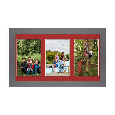 AK Frames 40X20Cm Dark Grey Modern Multi Photo Frame With Crimson Mount - Holds 3 Apertures (3X) 6X4 Photos - image 1