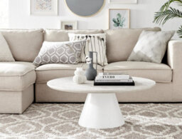Furniturebox Palma Round Beige Stone Effect Coffee Table With Pedestal Pillar Base In Natural Stone Finish For Modern Living Room