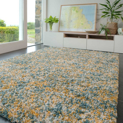 Loomed Super Soft Mottled Tonal Teal Blue & Ochre Shaggy Area Rug 80X150Cm - image 1