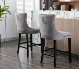 HomeTouch Set Of 4 Velvet Bar Stools Kitchen Breakfast Barstools With Wooden Legs Bar Chairs For Counter Grey - thumbnail 3