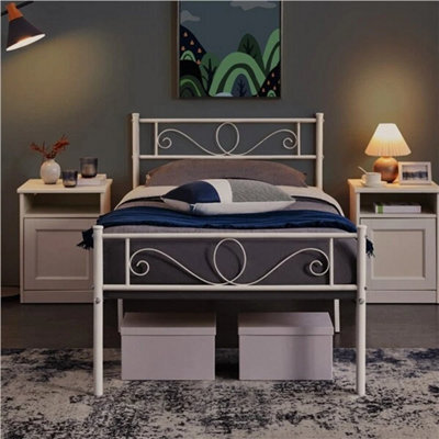 3Ft Single Metal Bed Frame Iron Platform Bed W/ Headboard Slatted Support White - image 1