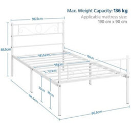 3Ft Single Metal Bed Frame Iron Platform Bed W/ Headboard Slatted Support White - thumbnail 2