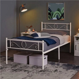 3Ft Single Metal Bed Frame Iron Platform Bed W/ Headboard Slatted Support White - thumbnail 3