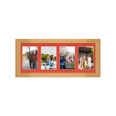 AK Frames 50X20Cm Country Pine Classic Multi Photo Frame With Poppy Red Mount - Holds 4 Apertures (4X) 6X4 Photos - image 1