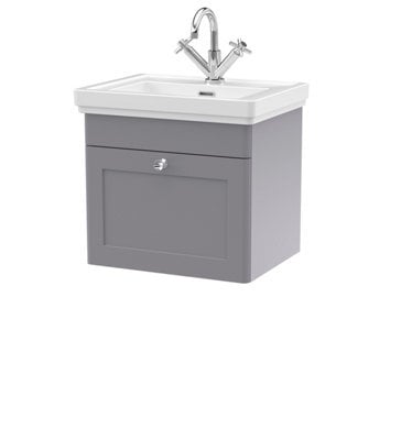 Balterley Swynnerton Traditional Bathroom Wall Hung 1-Drawer Vanity Unit & Fireclay Basin, Satin Grey, 500mm - image 1