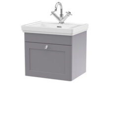 Balterley Swynnerton Traditional Bathroom Wall Hung 1-Drawer Vanity Unit & Fireclay Basin, Satin Grey, 500mm - thumbnail 1