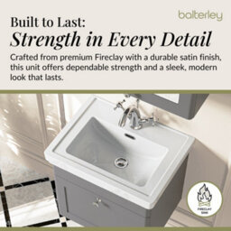 Balterley Swynnerton Traditional Bathroom Wall Hung 1-Drawer Vanity Unit & Fireclay Basin, Satin Grey, 500mm - thumbnail 4