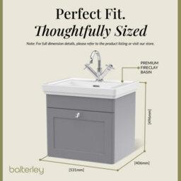 Balterley Swynnerton Traditional Bathroom Wall Hung 1-Drawer Vanity Unit & Fireclay Basin, Satin Grey, 500mm - thumbnail 5
