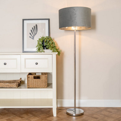 Valuelights Charles Chrome Floor Lamp With Grey Velvet & Metallic Shade And Bulb - image 1