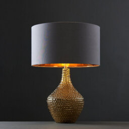 Valuelights Bailey Metallic Gold Indent Textured Ceramic Table Lamp With Grey Gold Drum Shade - thumbnail 2