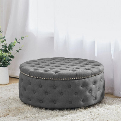 Grey Extra Large Round Cushioned Pouffe Seat Linen Ottoman Coffee Table Sofa Footrest - image 1