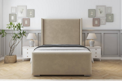 "Sloomy Devonshire Almond Coniston Bed Frame With Mattress With 50""  Upholstered Wingback Headboard 4'6 Double" - image 1
