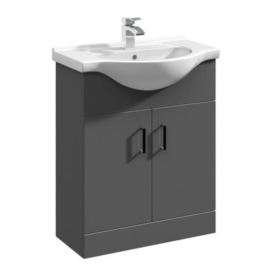 Balterley Modern Floor Standing Bathroom 2 Door Vanity And Round Basin Unit - 650mm, Satin Dark Grey, Soft Close Doors - image 1